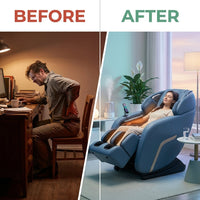Blue Faux Leather Zero Gravity Recliner 3D Programmable Massage Chair — Before & After