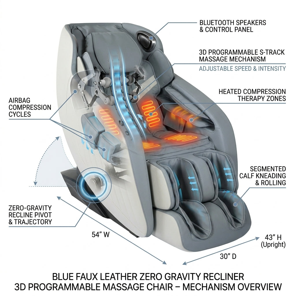 Blue Faux Leather Zero Gravity Recliner 3D Programmable Massage Chair — How It Works