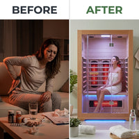 Full Spectrum Infrared Sauna，1-2 Person Home Sauna，Wooden Canadian Hemlock Indoor Spa Sauna with Resonance Speaker, Panoramic Tempered Glass Door — Before & After