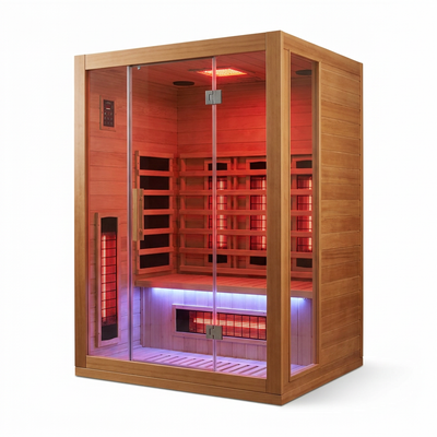 Full Spectrum Infrared Sauna，1-2 Person Home Sauna，Wooden Canadian Hemlock Indoor Spa Sauna with Resonance Speaker, Panoramic Tempered Glass Door