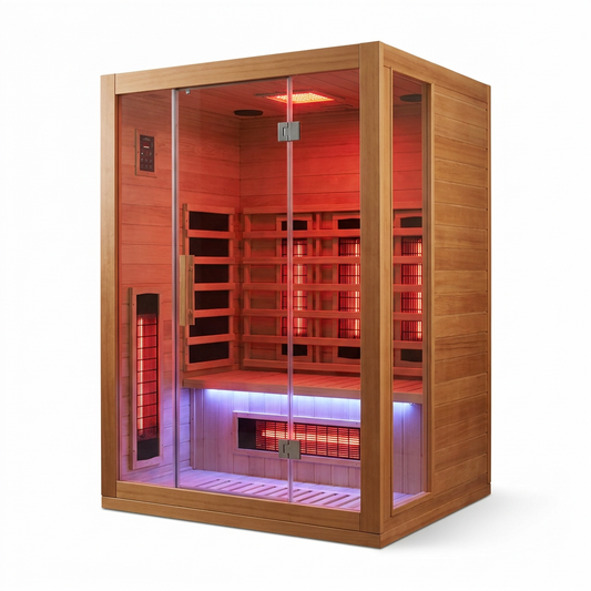 Full Spectrum Infrared Sauna，1-2 Person Home Sauna，Wooden Canadian Hemlock Indoor Spa Sauna with Resonance Speaker, Panoramic Tempered Glass Door — Studio Shot