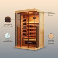 Full Spectrum Infrared Sauna，1-2 Person Home Sauna，Wooden Canadian Hemlock Indoor Spa Sauna with Resonance Speaker, Panoramic Tempered Glass Door — infographic