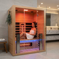 Full Spectrum Infrared Sauna，1-2 Person Home Sauna，Wooden Canadian Hemlock Indoor Spa Sauna with Resonance Speaker, Panoramic Tempered Glass Door — Lifestyle